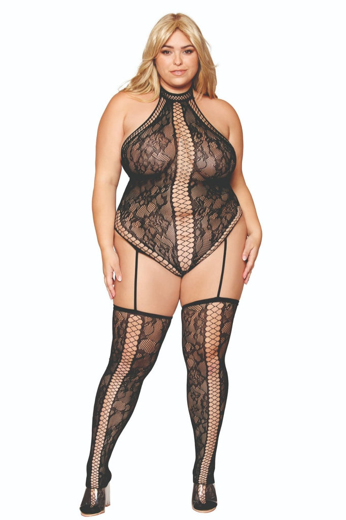 Seductive Plus Size Lace Bodysuit with Straps featuring a halter neckline, crisscross details, attached stockings, and a thong back, worn by a blonde woman.