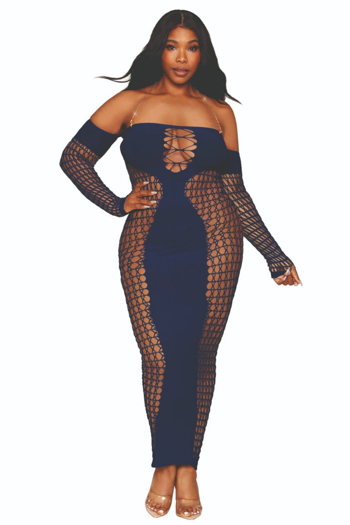 Elegant Full-Figured Bodystocking Gown featuring shaped opaque panels, novelty design sides, and a removable gold halter chain, modeled by a woman.