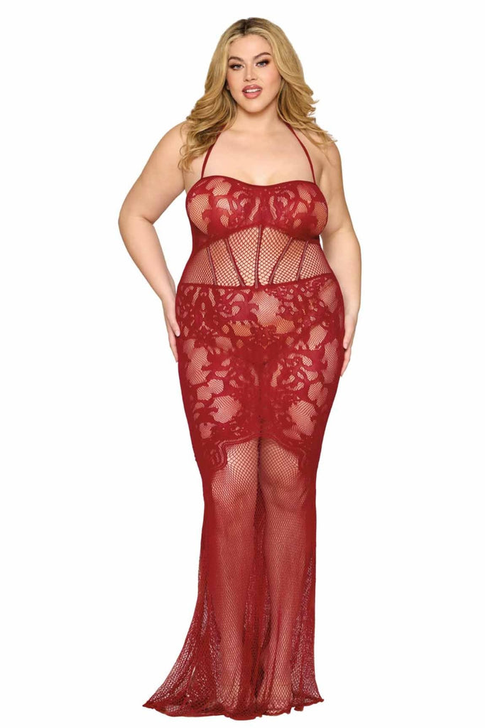 Plus size lace bodystocking gown with fishnet waist corset inset.