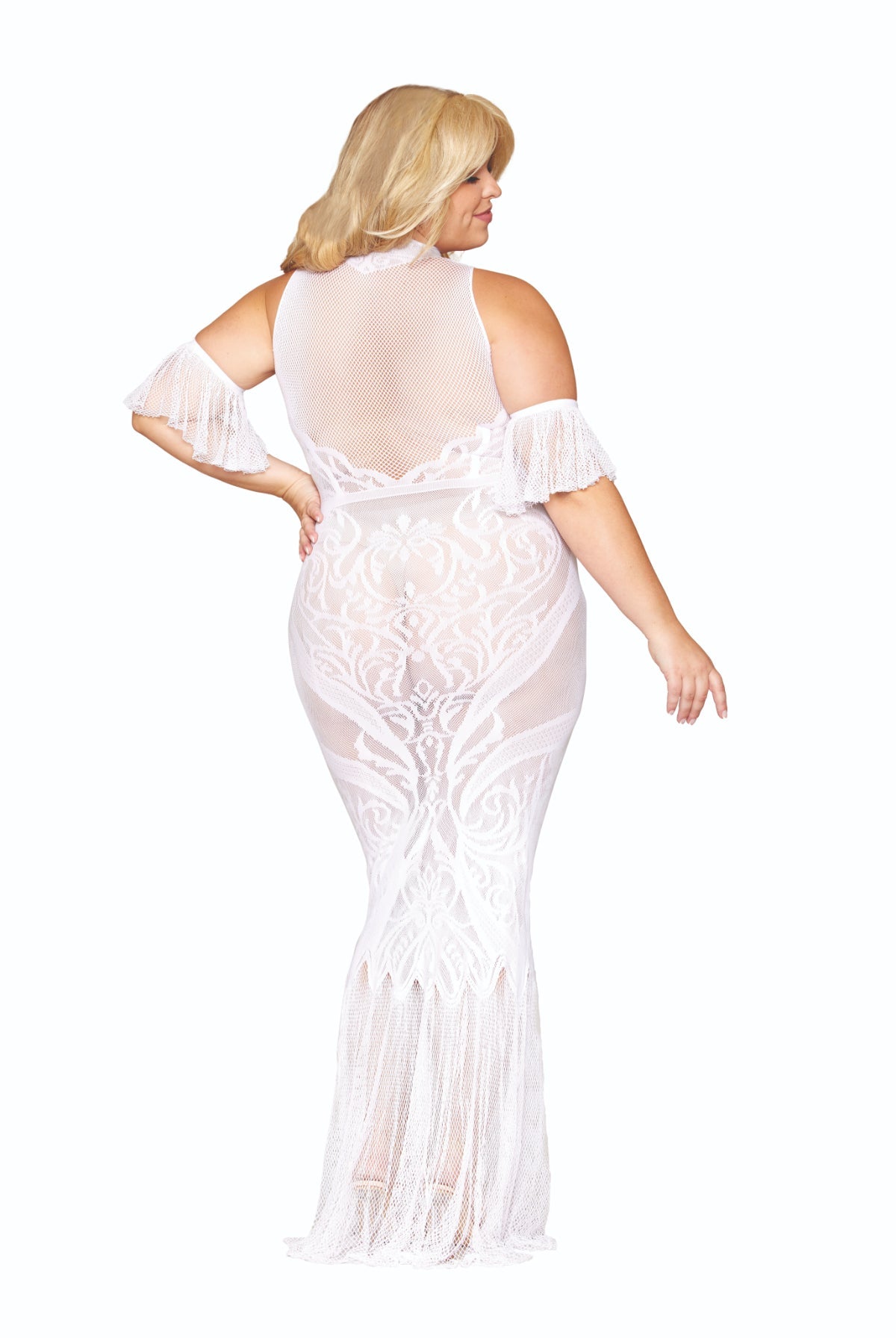 Plus size seamless geometric bodystocking gown in white.