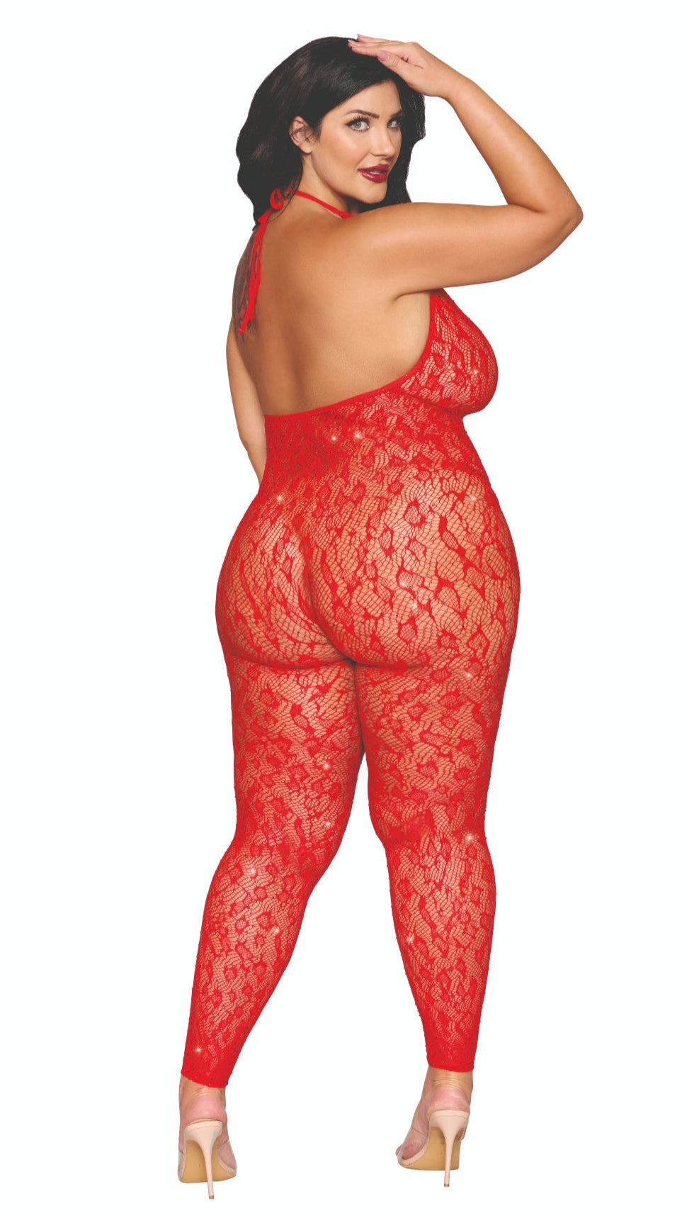 Plus size seamless knitted leopard pattern bodystocking with red rhinestones, featuring adjustable halter ties and keyhole neckline with metal trims; thong not included.