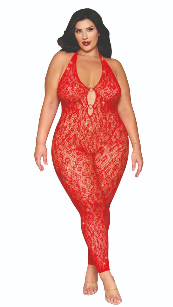 Plus size seamless knitted leopard pattern bodystocking with red rhinestones, featuring adjustable halter ties, keyhole neckline, metal horseshoe trims, and footless hem.