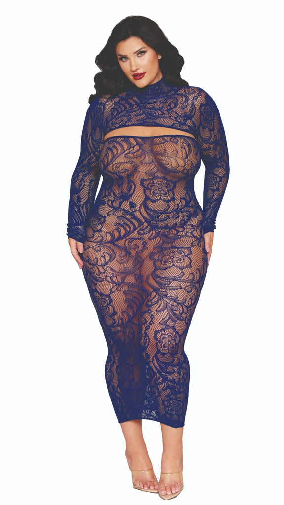 Plus Size Seamless bodystocking gown with floral pattern and matching shrug, featuring a removable mockneck and rhinestone button closures, modeled by a woman.