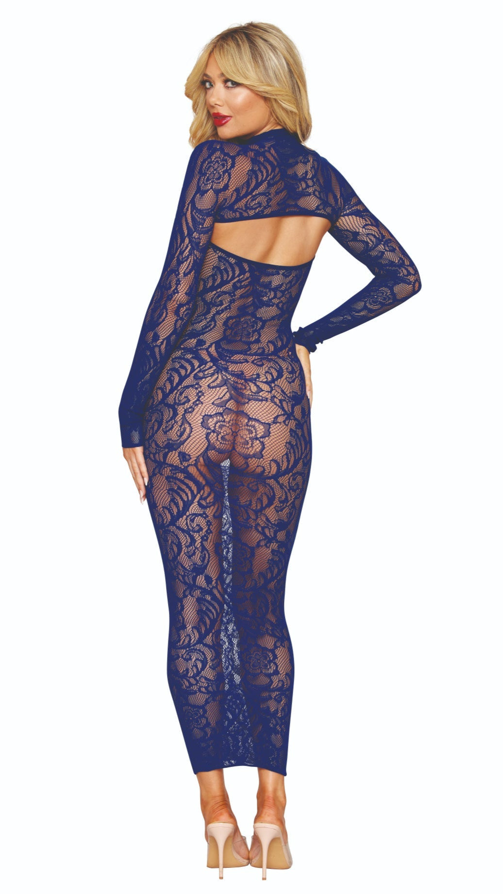 Woman in seamless bodystocking gown with floral pattern and matching shrug, featuring removable mockneck shrug with rhinestone buttons. G-string not included.