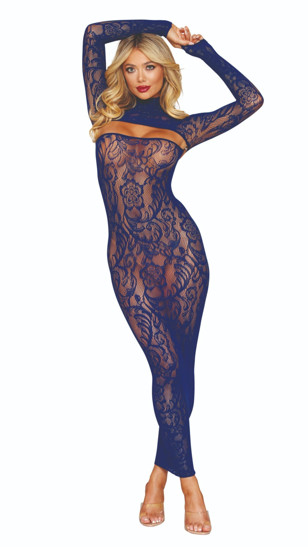 Woman wearing seamless bodystocking gown with floral pattern, posing in long blonde hair. Includes matching shrug with rhinestone button closures.