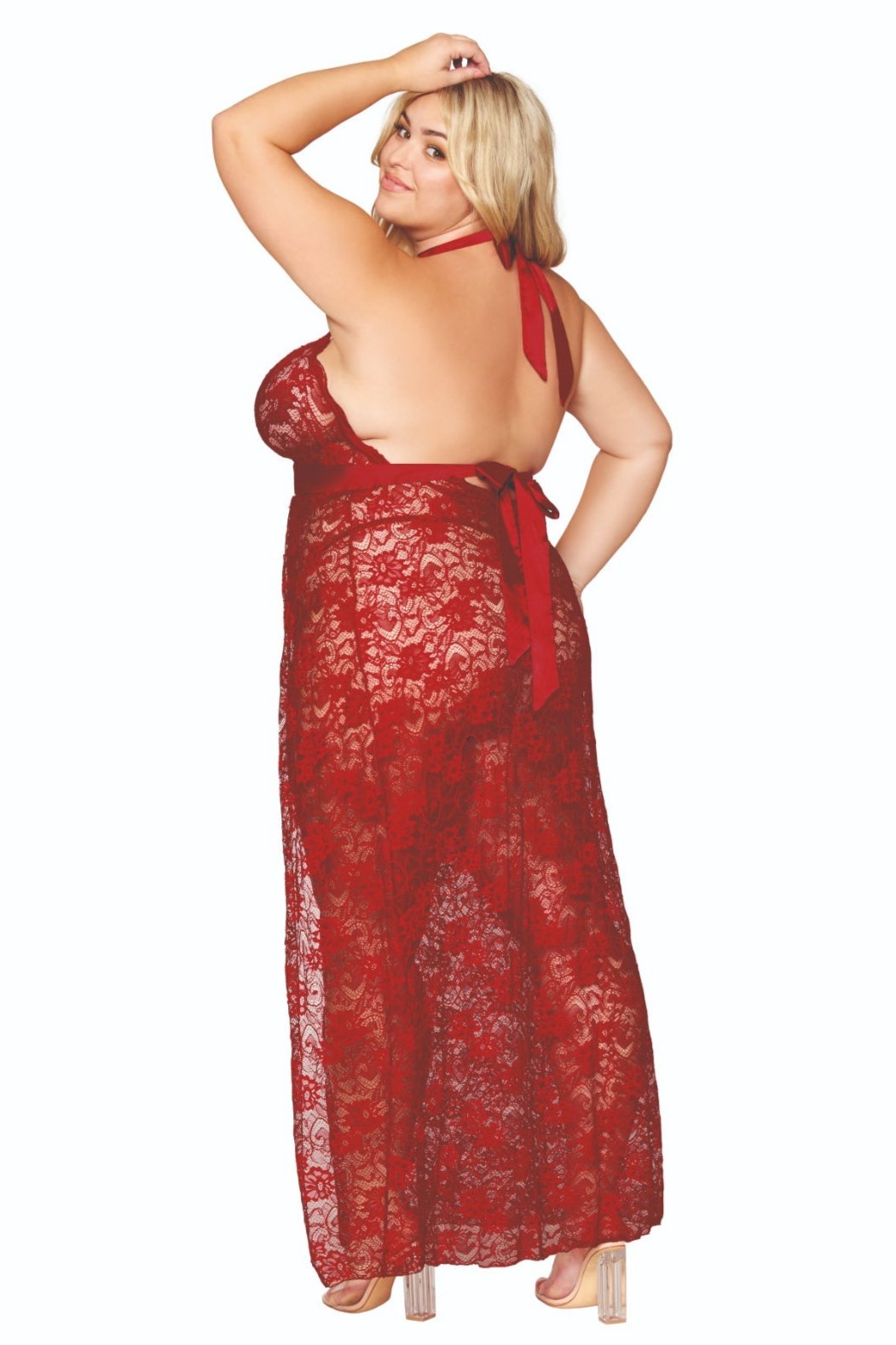 Plus size woman in red lace maxi gown from the back.