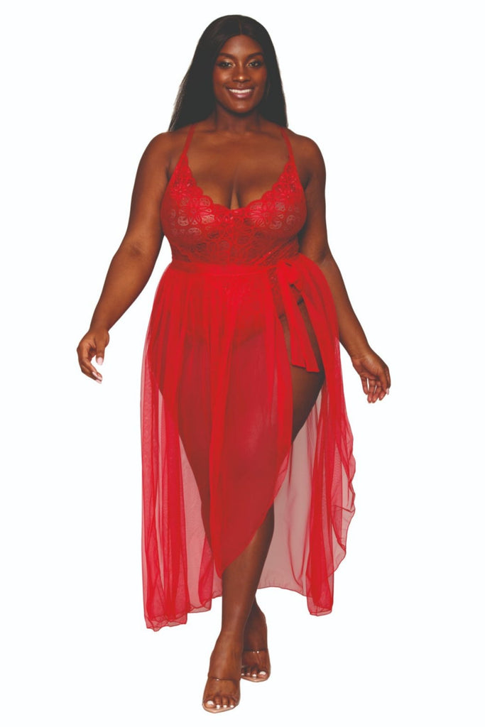 Plus size red lace teddy with sheer skirt for glamorous nights.