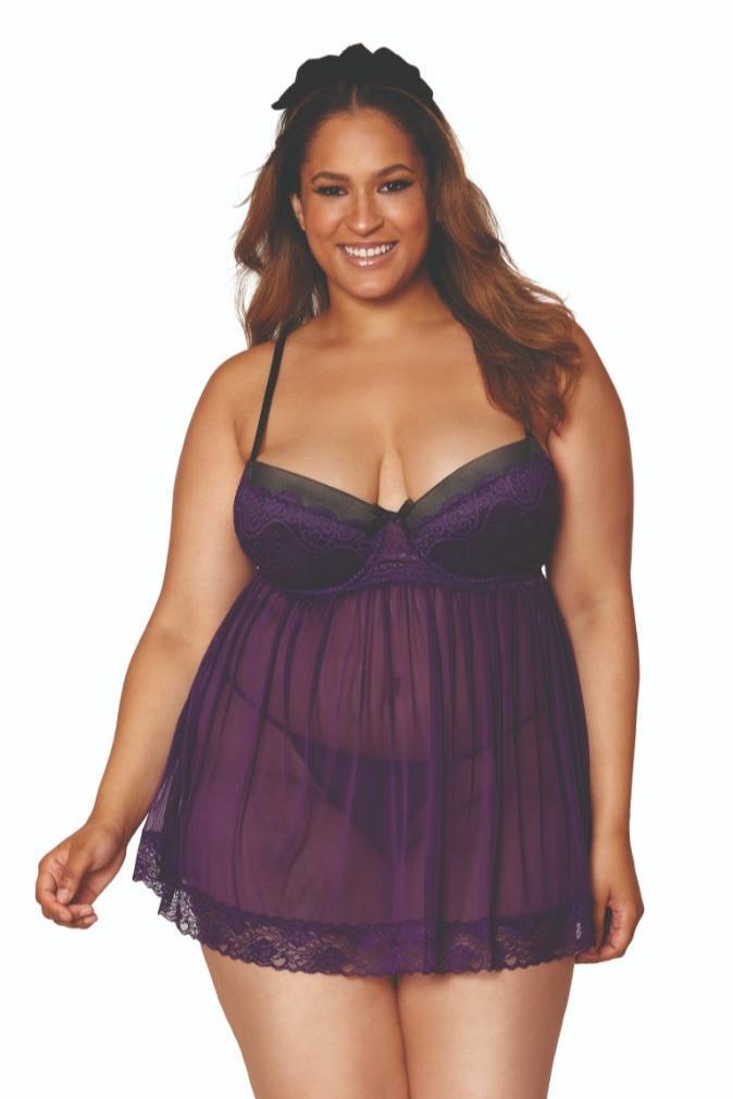 Chic Plum Contrast Lace Babydoll for Full Figures modeled, showcasing its stretch mesh, lace detailing, and underwire push-up cups for enhanced curves.