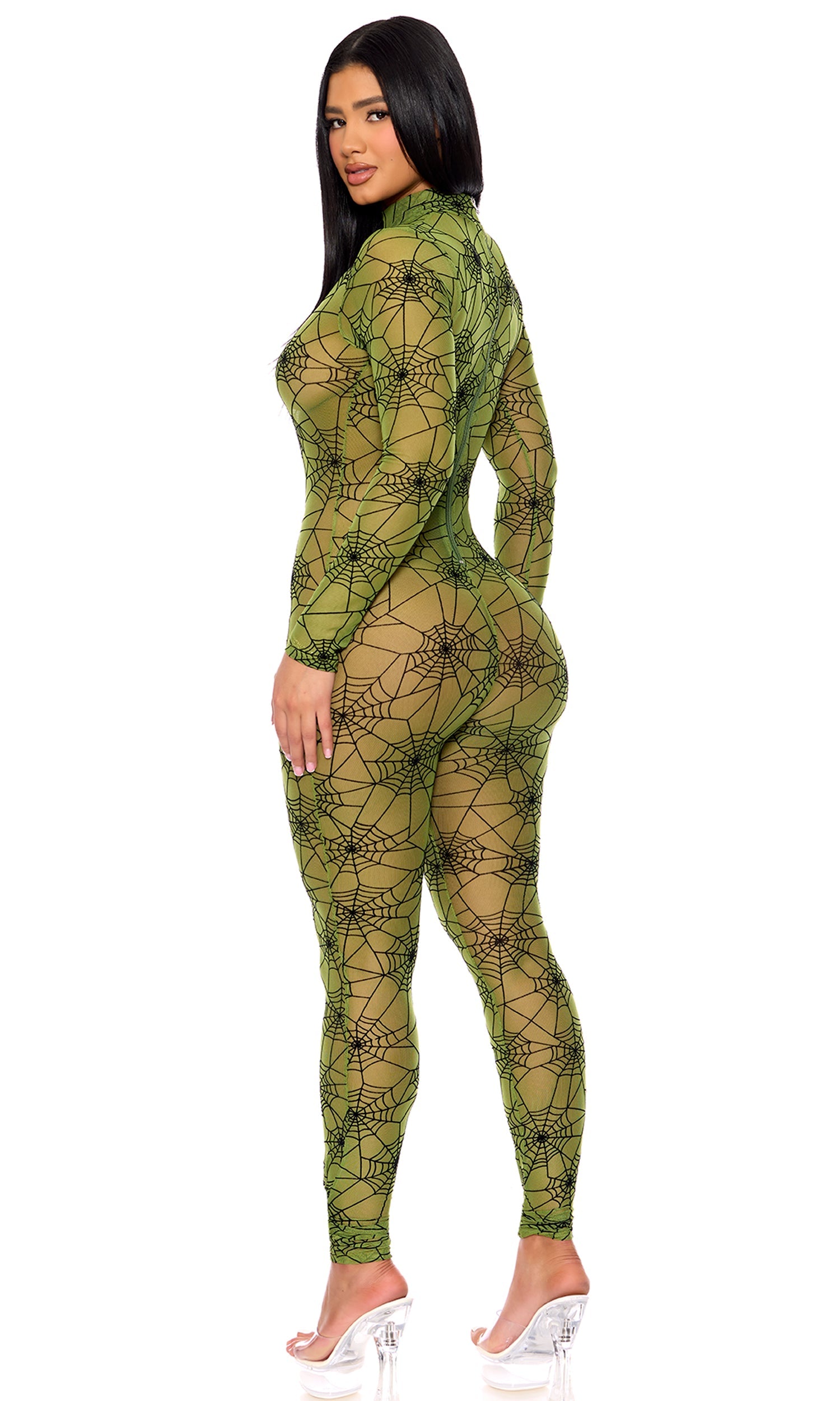 Spooky spiderweb bodysuit costume for Halloween festivities.