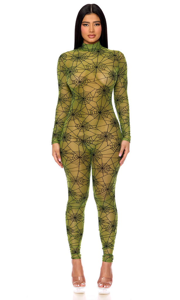 Woman wearing the Spooky Spiderweb Costume Bodysuit with a semi-sheer spiderweb mesh design, mockneck, zipback, and white sandals, showcasing a Halloween-inspired outfit.