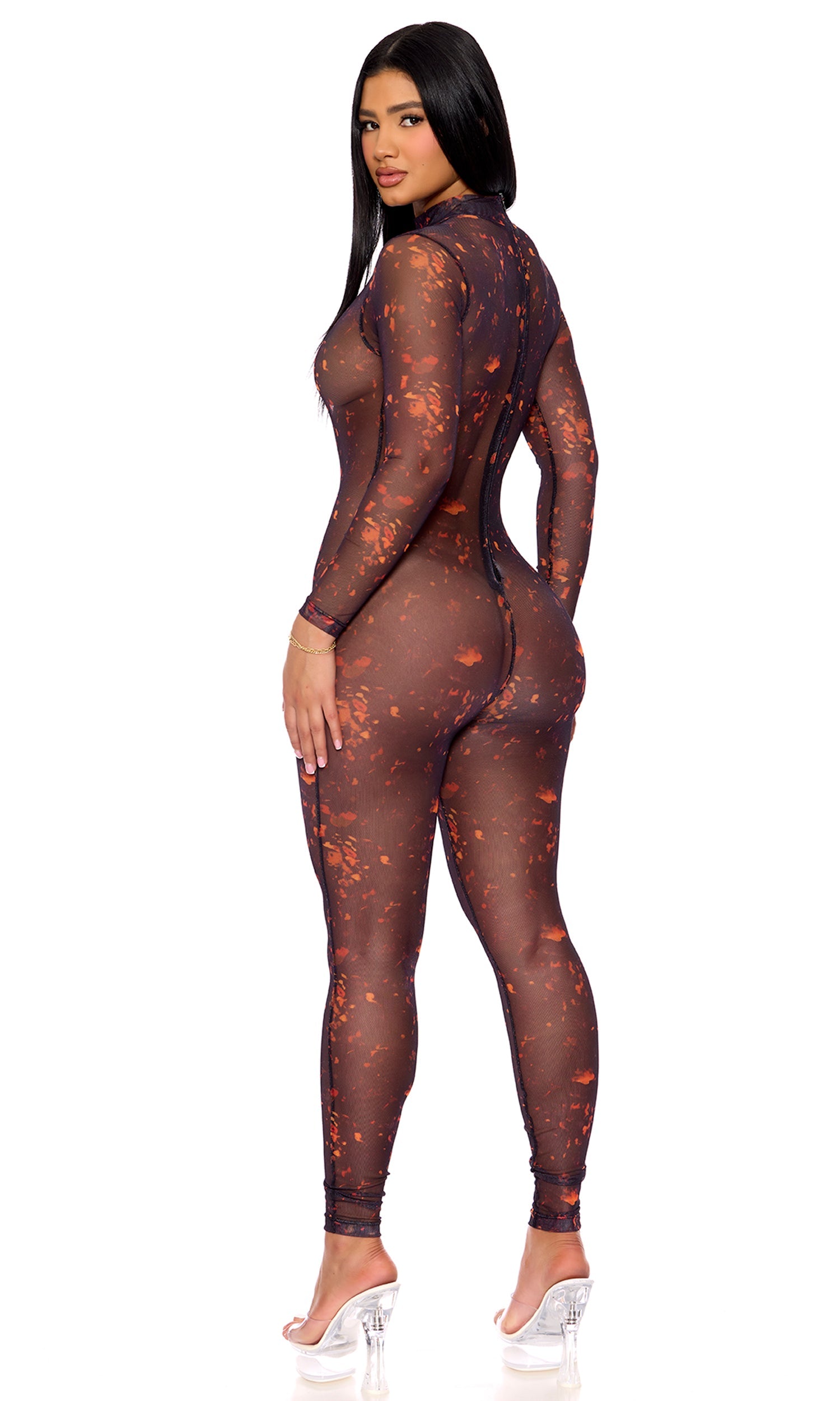 Erupting Lava Mesh Costume Jumpsuit showcasing a stylish, form-fitting design.