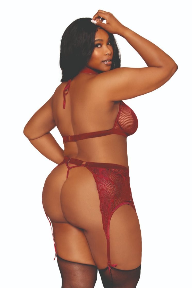 Alluring plus size fishnet lingerie duo in red, showcasing curves elegantly.