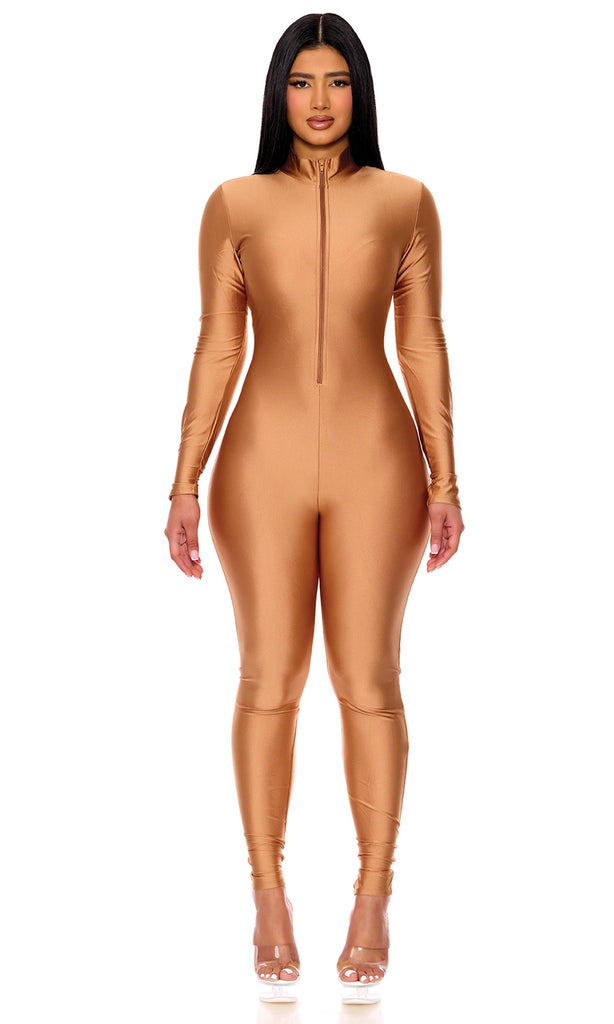 Zippered mock neck full body Halloween catsuit for stylish costume parties.