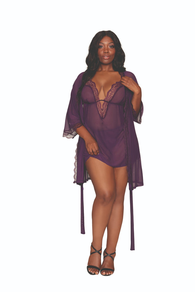 Plus size sheer chemise and robe in elegant purple color.