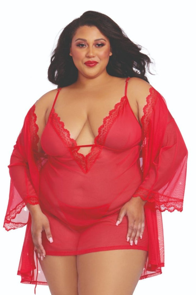 Plus Size Sheer Chemise and Robe Collection modeled by a woman, showcasing the scalloped lace trim, U-back design, and adjustable straps for a comfortable fit.