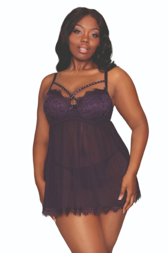 Plus size eyelash lace babydoll set with rhinestone neckline, perfect for intimate wear.