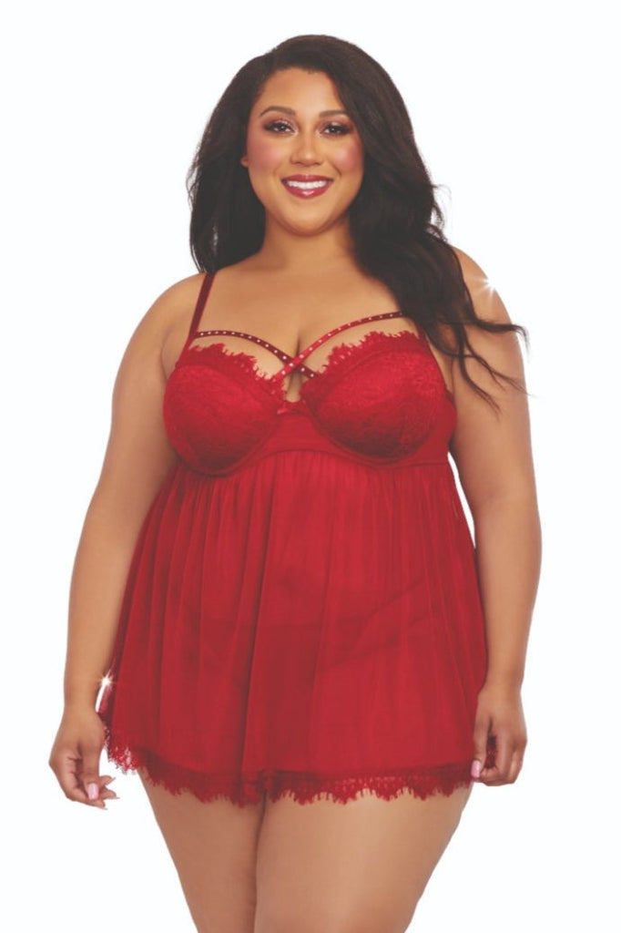 Elegant Plus Size Lace Babydoll with Rhinestones featuring eyelash lace, strappy neckline, and foam-lined cups, modeled by a woman in a red dress.