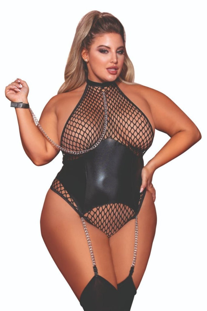 Woman modeling Bold Plus Size Fetish Teddy, featuring fishnet design, faux-leather waist corset, V-string back, and chain leash collar. Thigh highs not included.