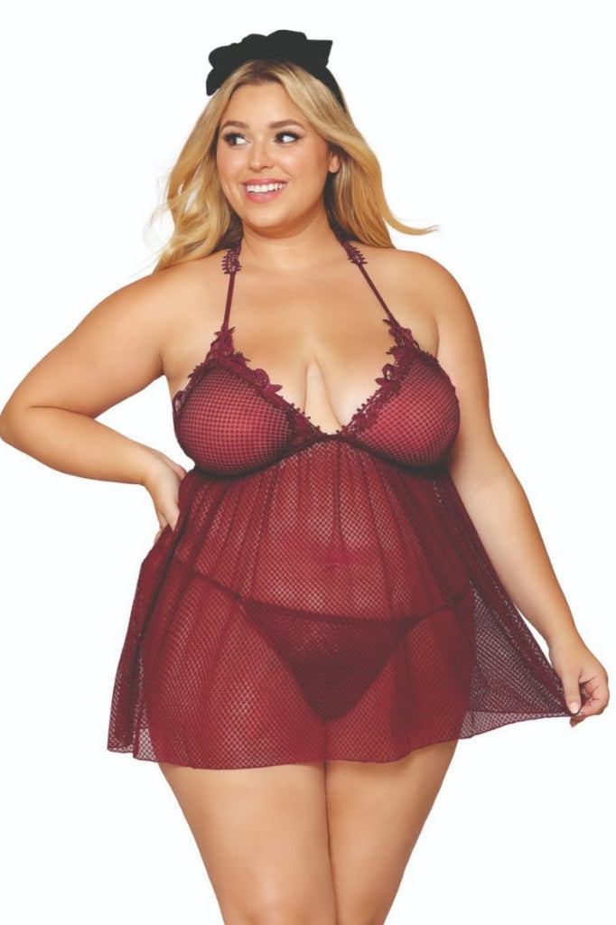 Curvy mesh embroidered babydoll set model in burgundy lingerie.