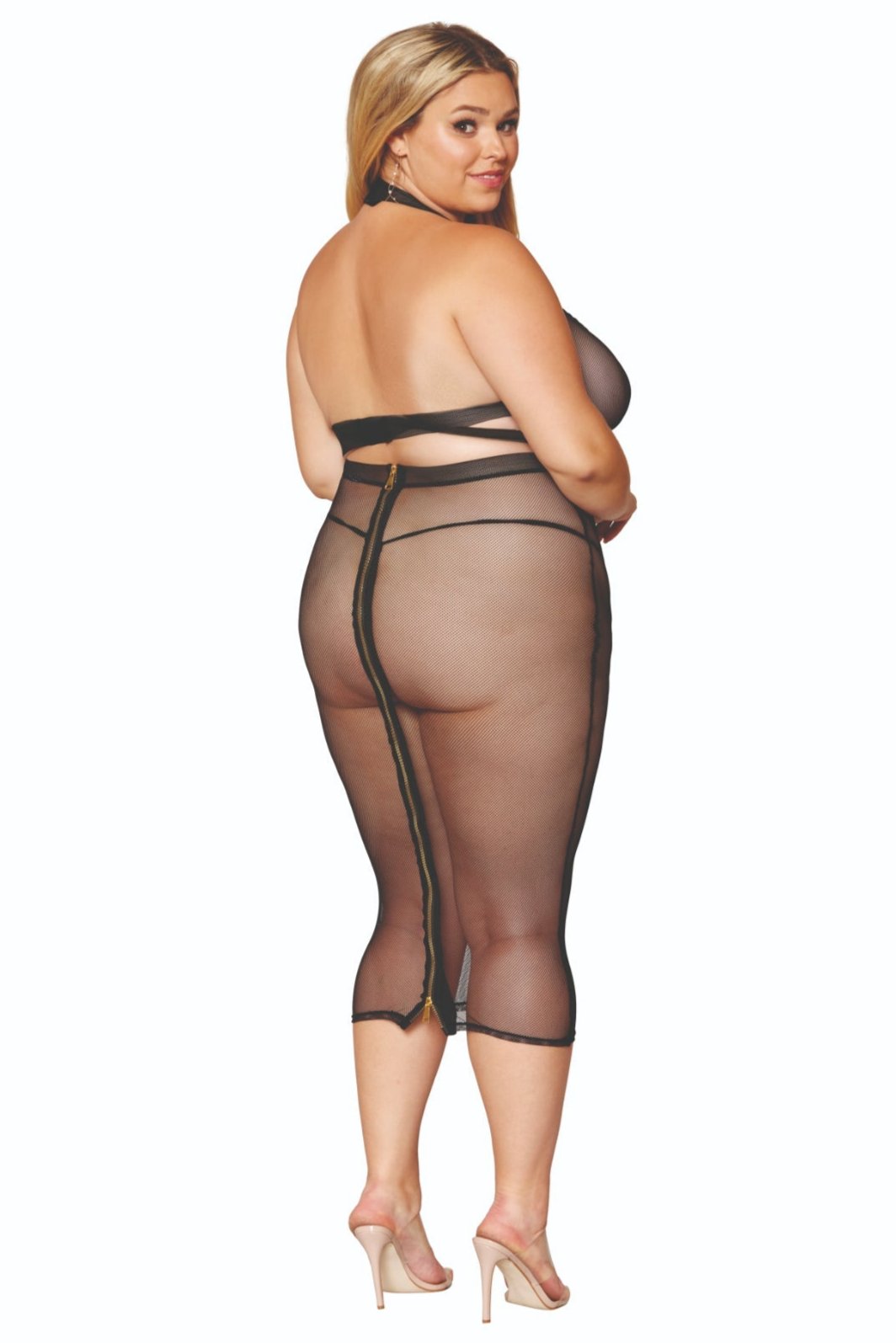 Stretch fishnet bra and slip skirt set for seductive looks.