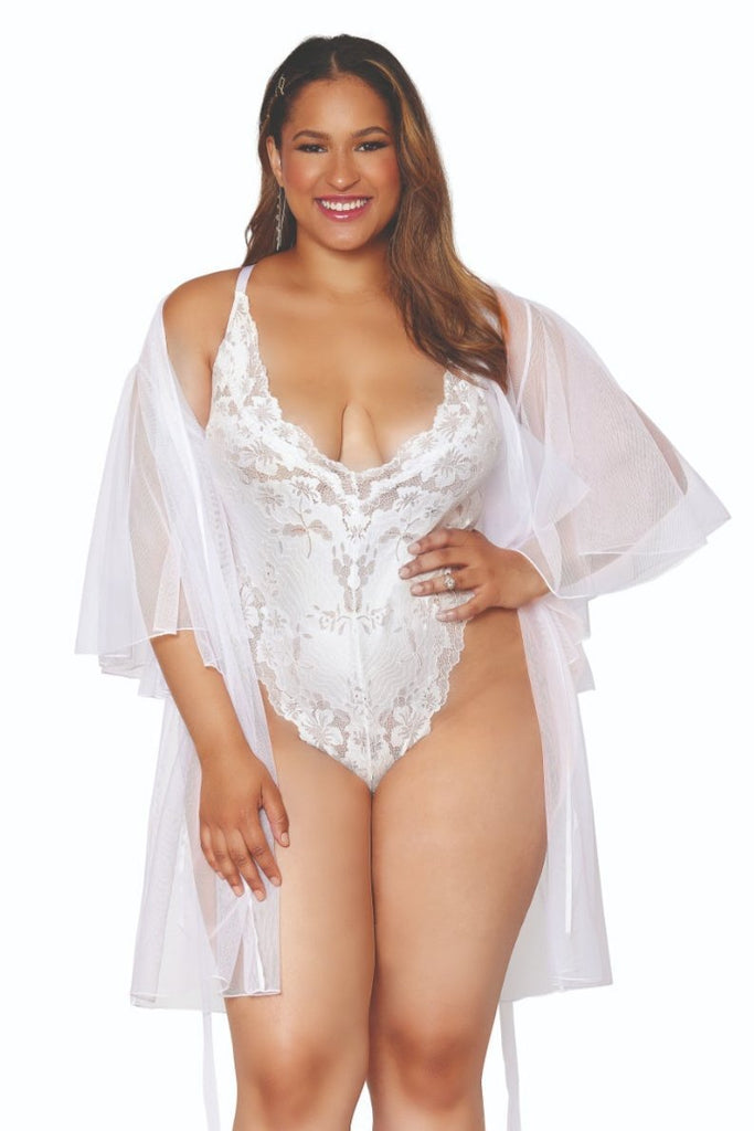 Woman in Voluptuous Lace Teddy with Sheer Mesh Robe, featuring wide flounce sleeves and adjustable crisscross straps, smiling in a confident pose.