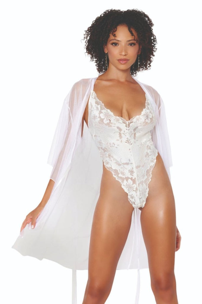 Flirty Mesh Robe & Lace Teddy Set modeled; features flounce sleeves, adjustable crisscross straps, and thong back, emphasizing elegance and comfort.