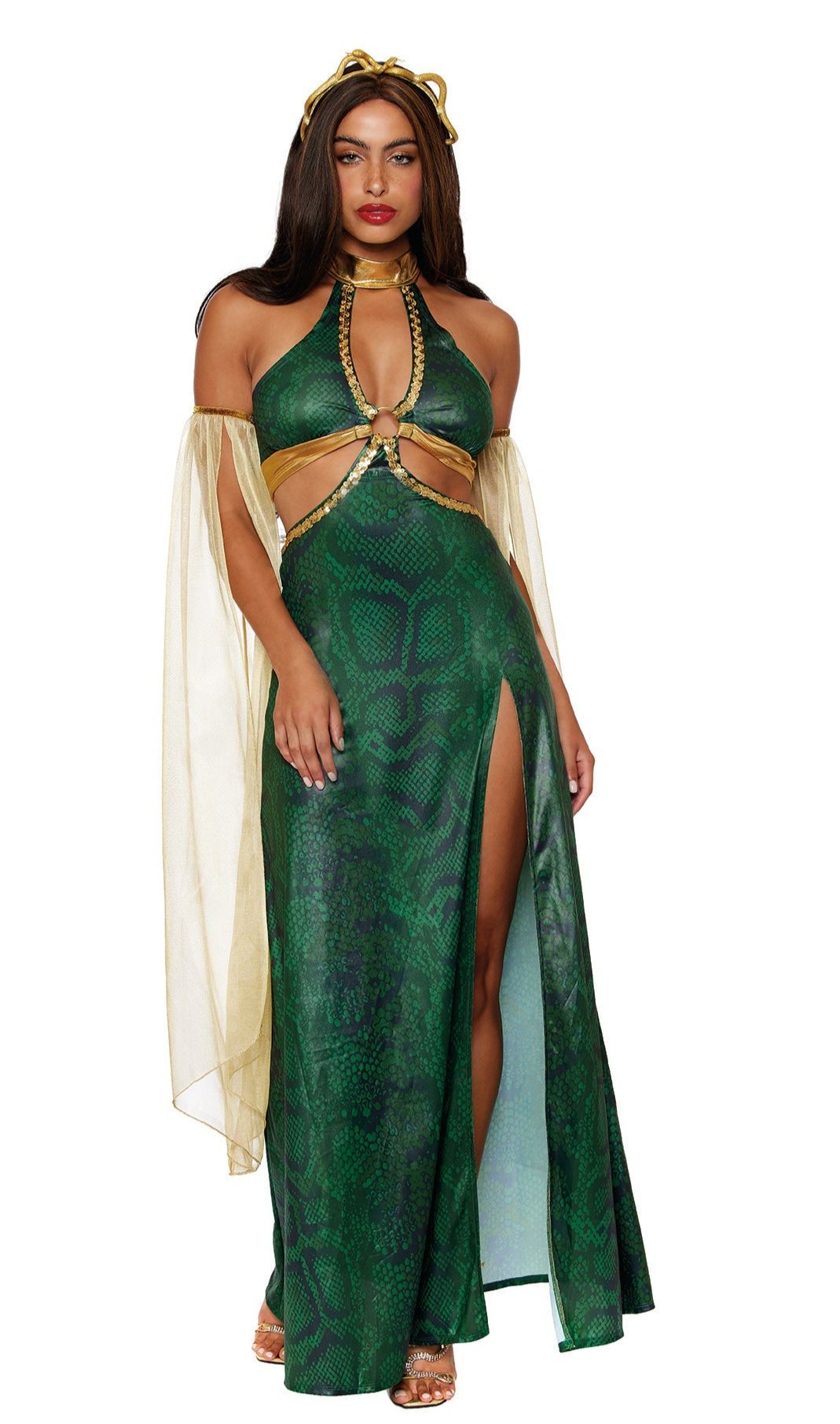 Mystical Serpent Queen Halloween Costume featuring a slitted gown with cutouts, gold mesh sleeves, and a snake headpiece worn by a woman.