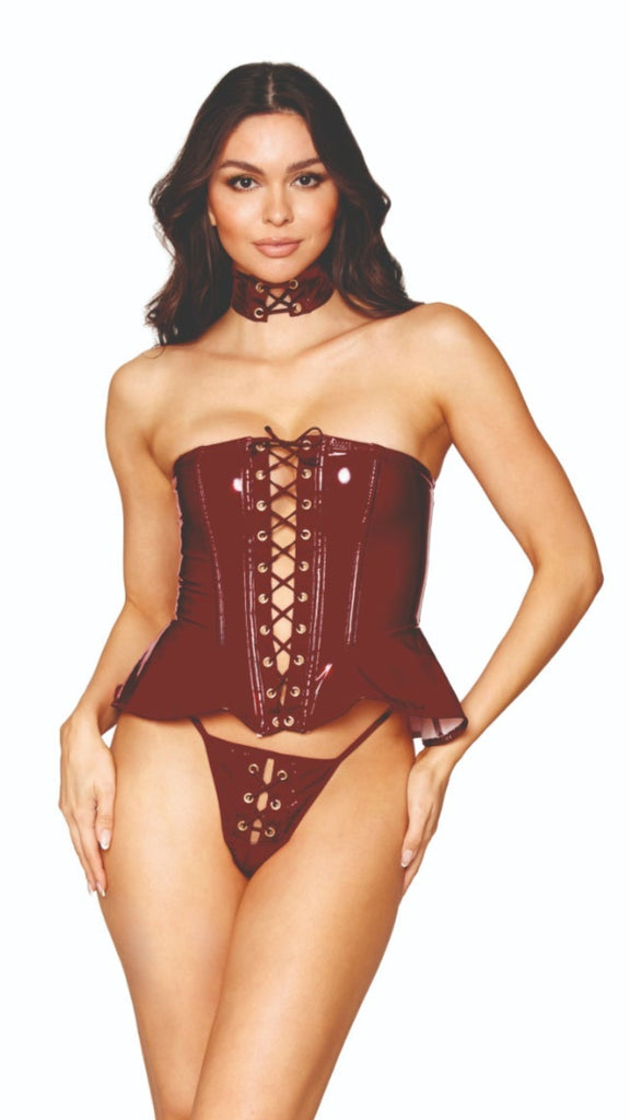 Dreamgirl Vinyl Peplum Bustier and G-string Set in burgundy color.