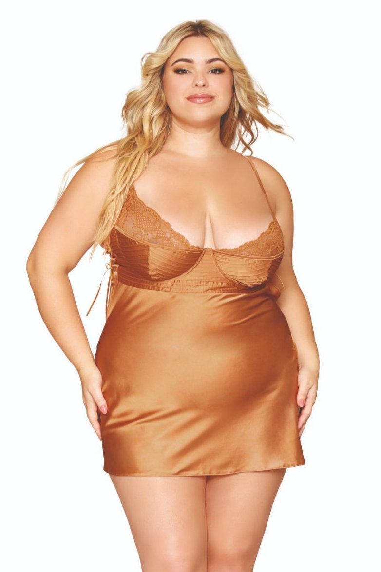 Plus size satin chemise with lace details for a stylish look.