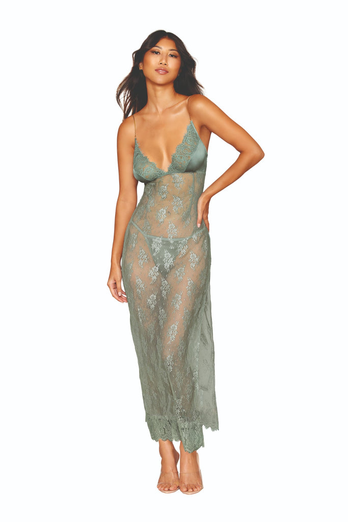 Delicate eyelash lace satin chemise and G-string set in green.