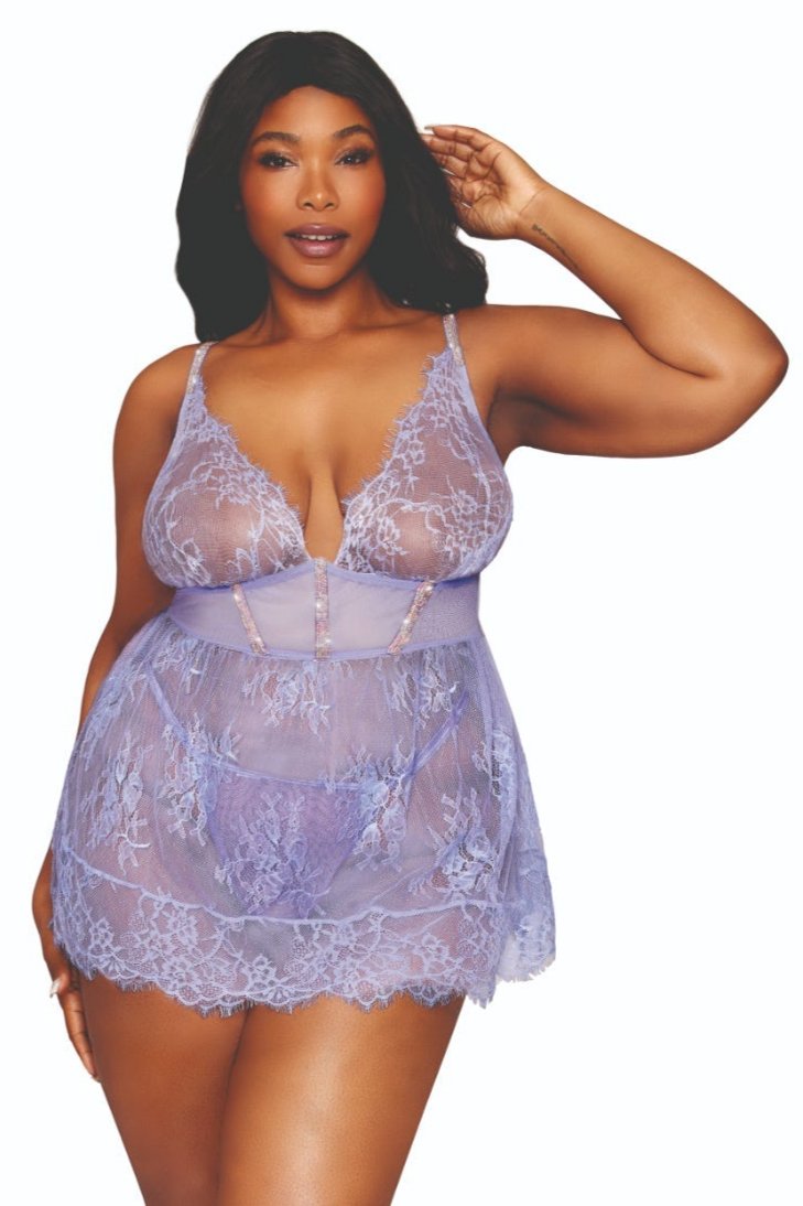 Full-Figured Rhinestone Lace Babydoll featuring a corset-style bodice with rhinestone accents, soft cups, and adjustable straps. Includes matching G-string.