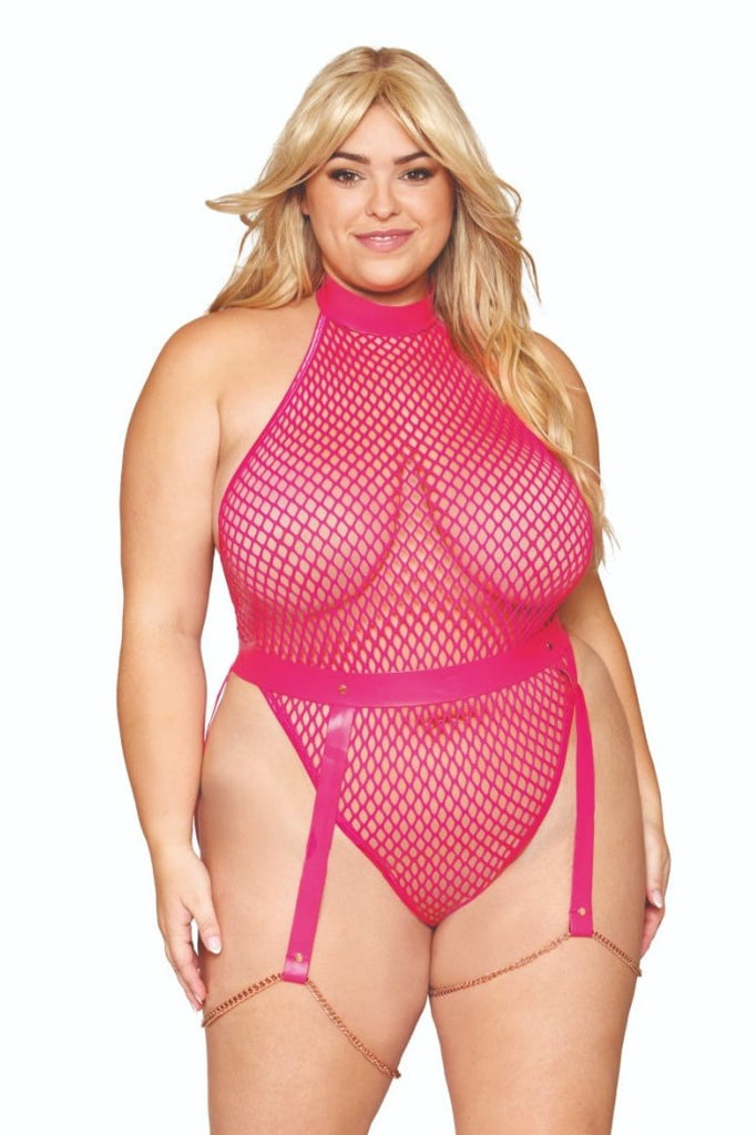 Woman modeling Chic Plus Size Fishnet Teddy with faux-leather belt, featuring halter design, open back, V-string, and separate garter belt with rose gold chain accents.