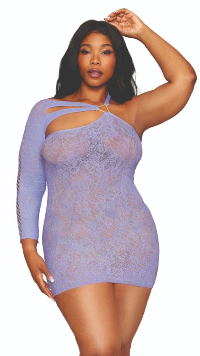 Dreamgirl plus size seamless asymmetrical chemise with lace and crisscross details.