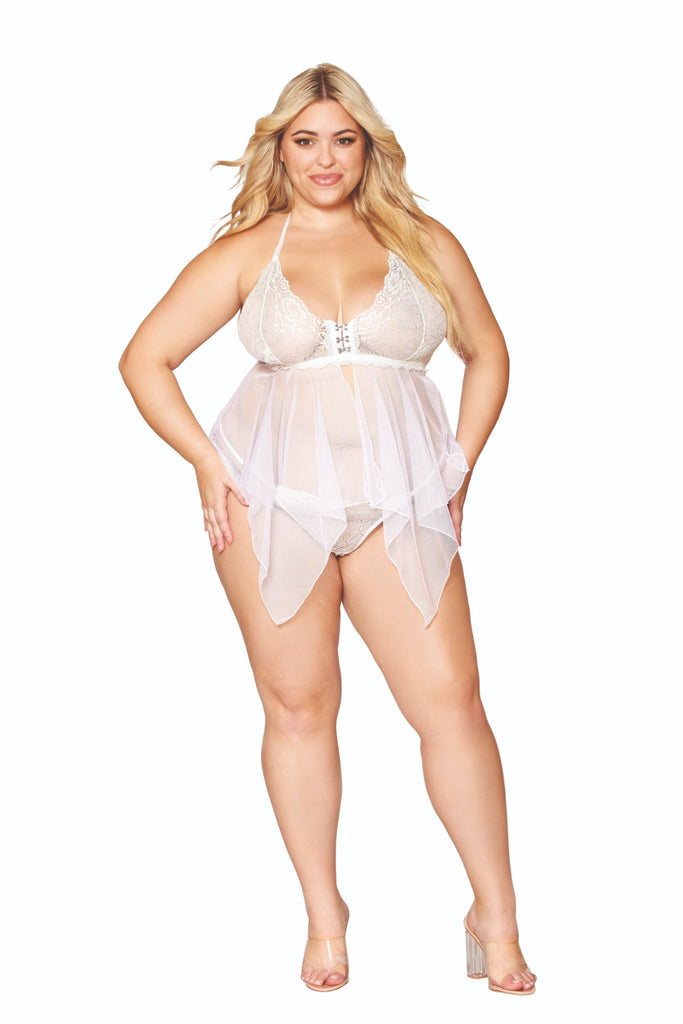 Dreamgirl plus size lace and mesh babydoll and G-string set model showcase.