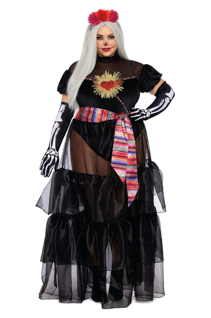 Curvy Day of the Dead Diva Costume featuring a velvet bodysuit, organza skirt, satin sash, and floral headpiece, perfect for Halloween or Dia de los Muertos.