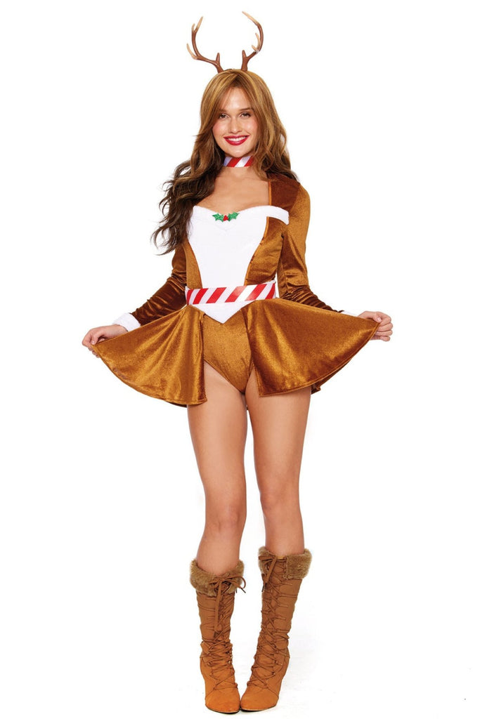 Woman wearing Sexy Merry Santa Reindeer Costume with fur-trimmed velvet bodysuit, attached skirt, and antler headpiece, complemented by lace-up boots.