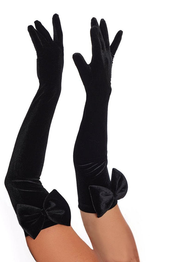 Chic Black Velvet Opera Gloves with Bow Detail, featuring elegant velvet bows, crafted from a polyester-spandex blend for a snug, stylish fit.