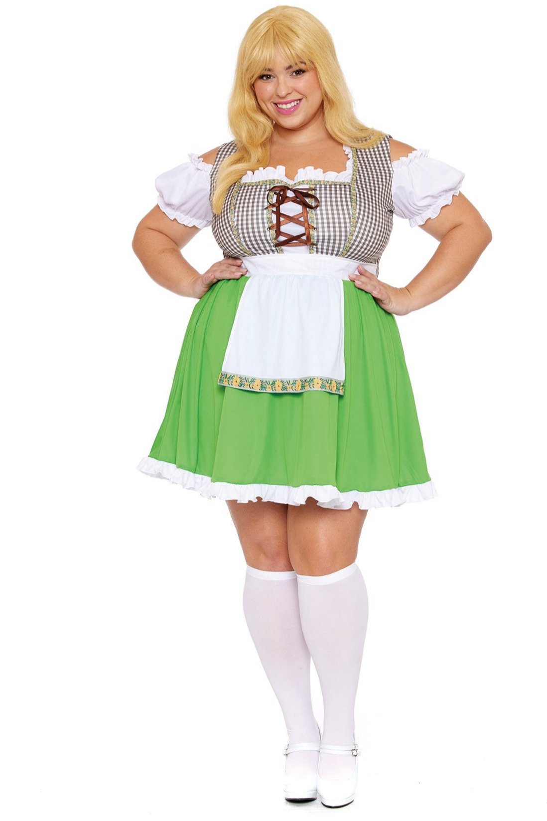 Woman in Plus Size German Beer Maiden Costume featuring gingham dress, lace-up front, attached apron, puff sleeves, paired with white tights and shoes.