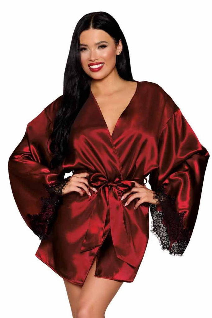 Sultry open back satin night robe in rich red with lace details.