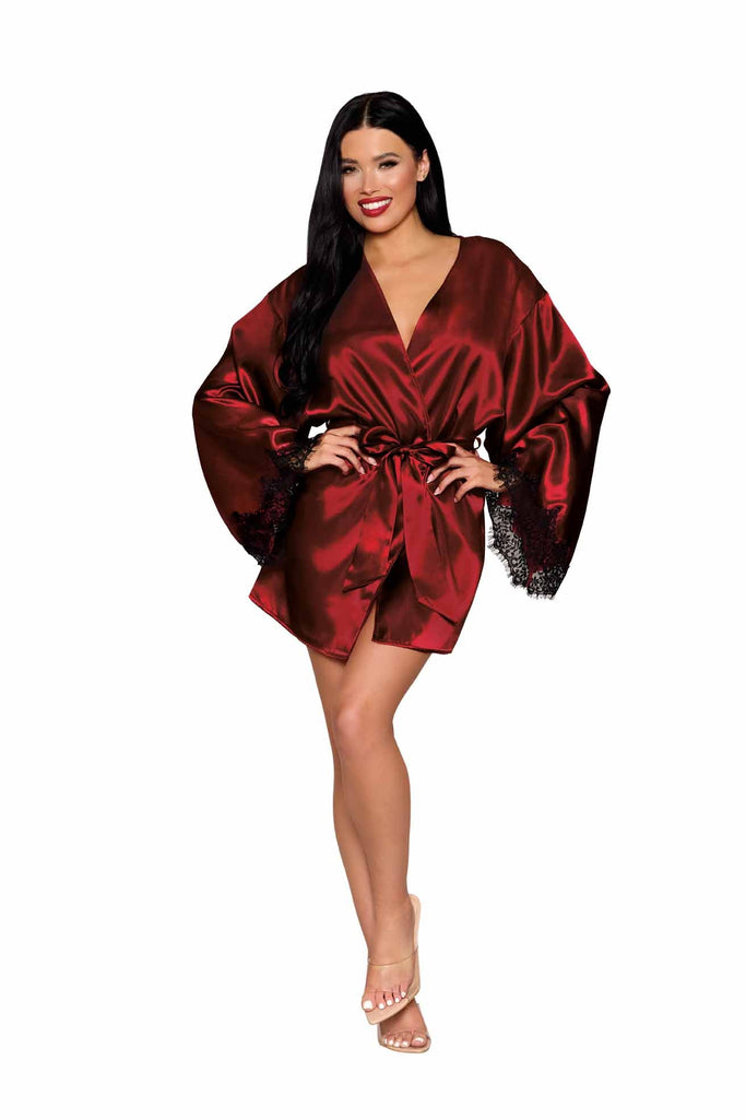 Open back satin robe with eyelash lace trim and wide sleeves.