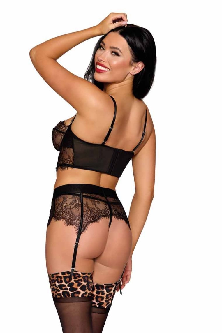 Eyelash Lace Temptation Set on model, showcasing seductive lingerie and garter details.