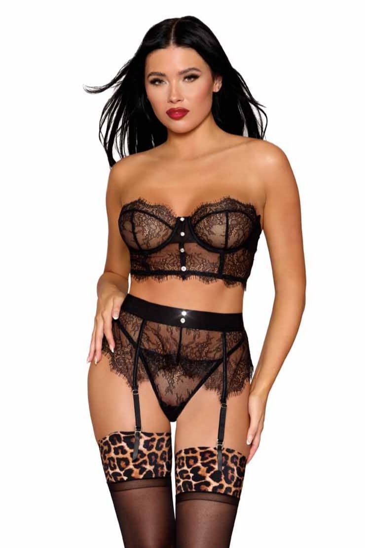 Woman modeling the Eyelash Lace Temptation Set featuring a longline bra with rhinestone buttons, garter belt, and matching G-string. Stockings not included.