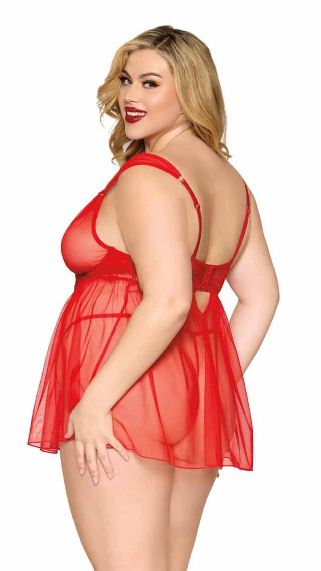 Plus size red eyelash lace babydoll and G-string set, stylish and seductive.