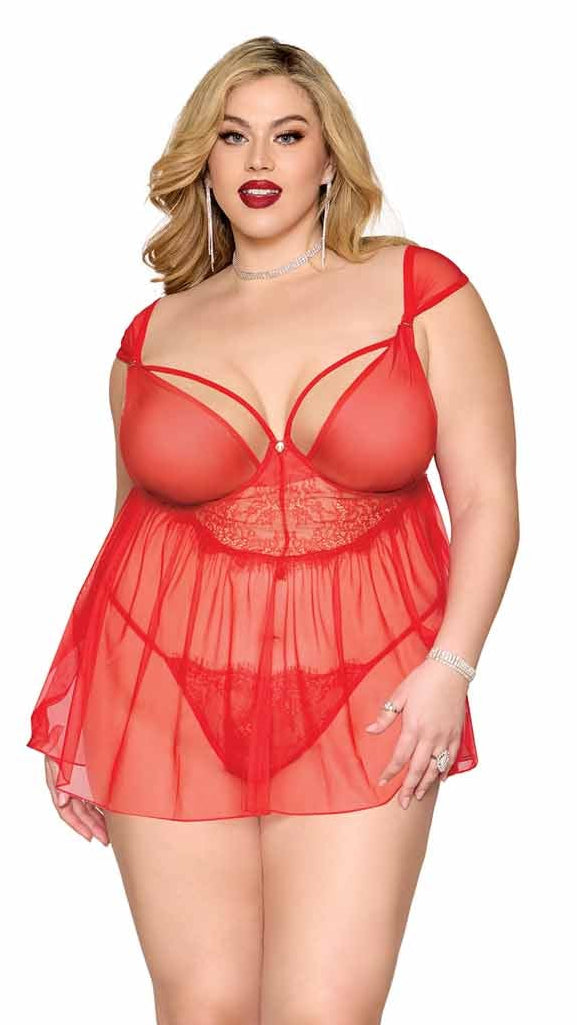 Plus size red eyelash lace babydoll and G-string lingerie set.