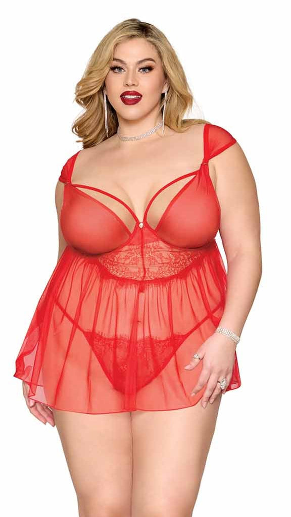 Plus size red eyelash lace babydoll and G-string lingerie set.