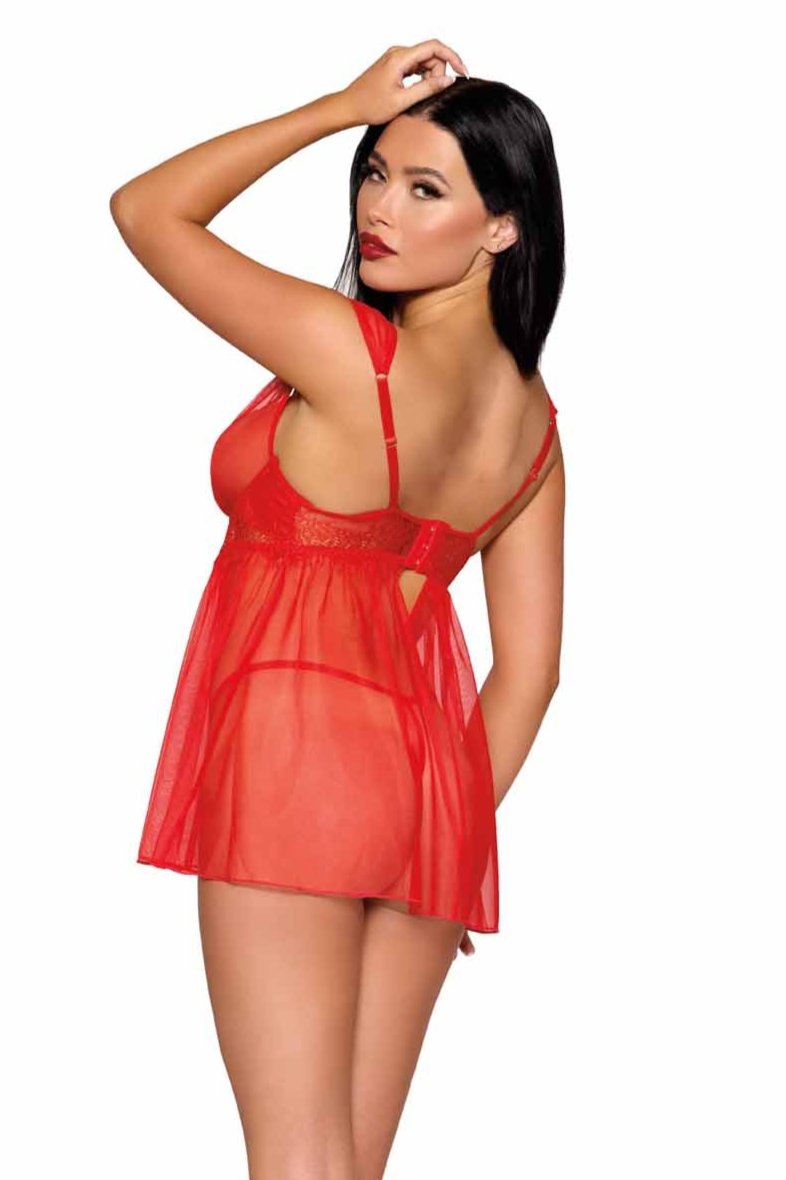 Eyelash lace red babydoll and G-string set for seductive nights.