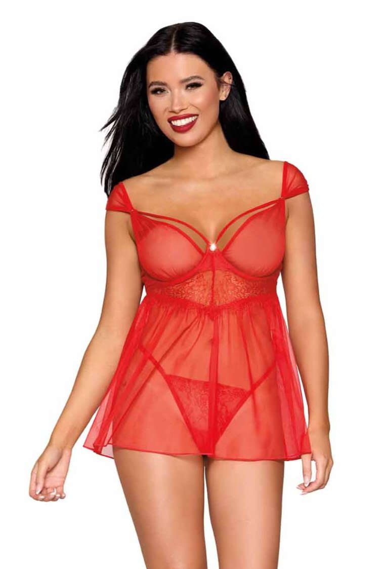 Red Lace & Mesh Babydoll Set with G-string featuring eyelash lace, adjustable mesh cap sleeves, underwire cups, and a rhinestone button accent, modeled in a photo shoot.