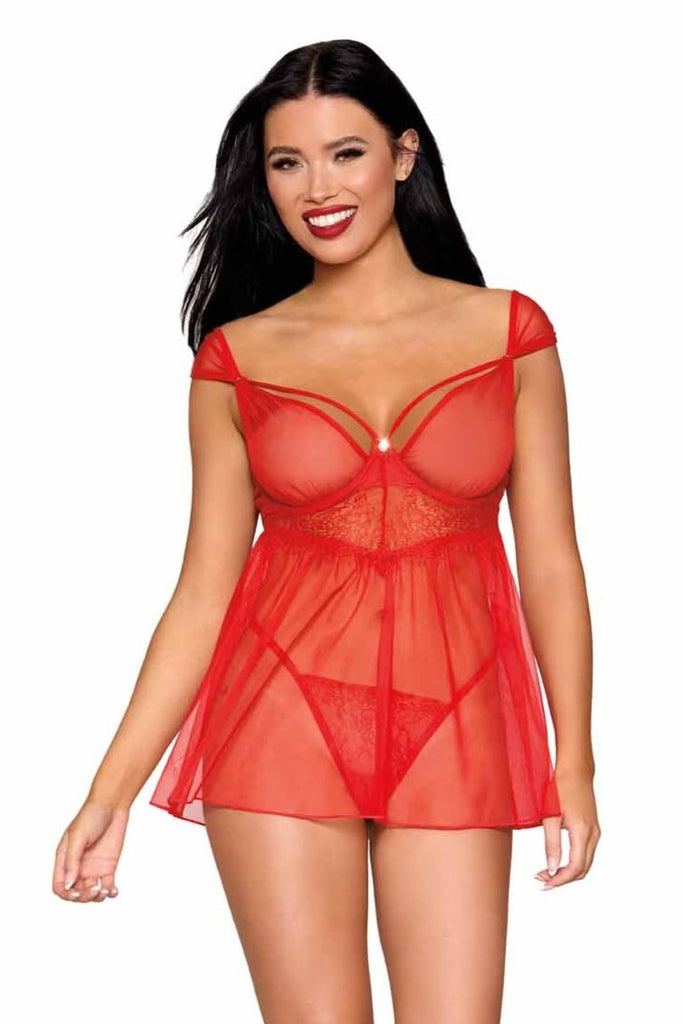 Red eyelash lace and mesh babydoll and G-string lingerie set.