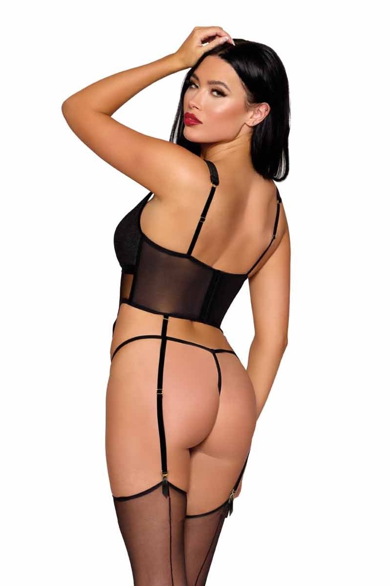 Velvet and mesh bustier set with G-string, elegant lingerie ensemble.