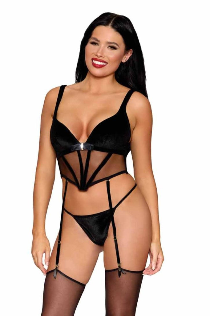 Short Velvet Bustier & Mesh G-string Lingerie modeled by a woman, showcasing structured bustier with rhinestone details and matching G-string for a glamorous look.